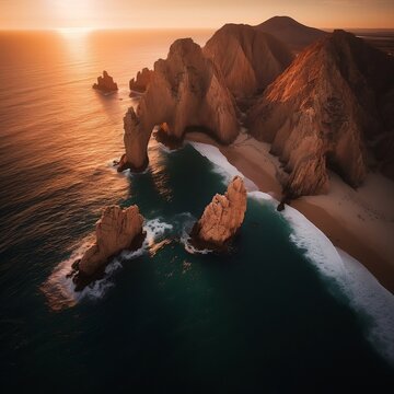 Captivating Aerial Sunset Photo of Cabo San Lucas Arch. Generative AI