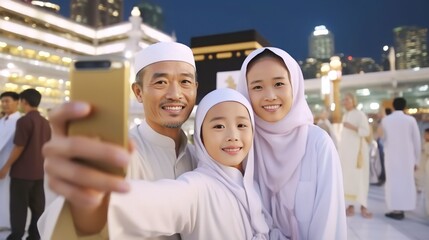 Fototapeta na wymiar A Muslim family taking selfie with camera showing view of kaaba in Mecca and bustling Muslim people, Generative AI