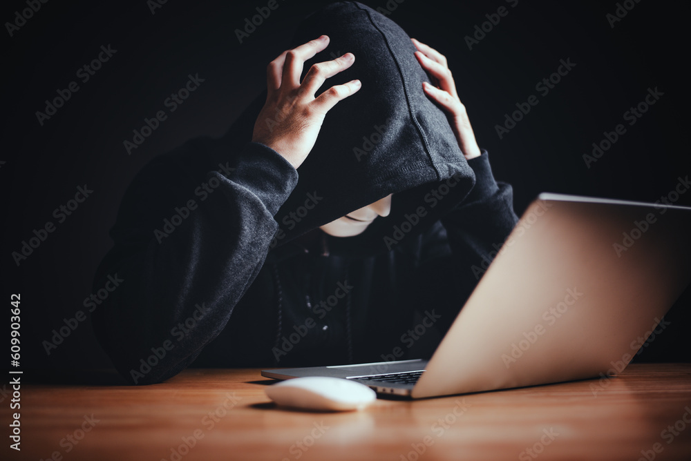 Aufkleber hackers frustrated upset and hold temples head by two hands to tricking victims transferring money o