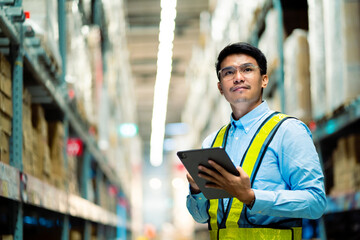 Asian warehouse worker in security uniform with tablet computer looking for goods in large warehouse.Logistics and export business. logistics system distribution center.