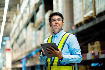 Asian warehouse worker in security uniform with tablet computer looking for goods in large warehouse.Logistics and export business. logistics system distribution center.