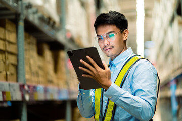 Logistics and export business concept. Factory warehouse. Asian worker in warehouse checking...