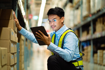 Young warehouse worker counting items on a laptop computer to check stock in stock before shipping to customer. Logistic business concept.