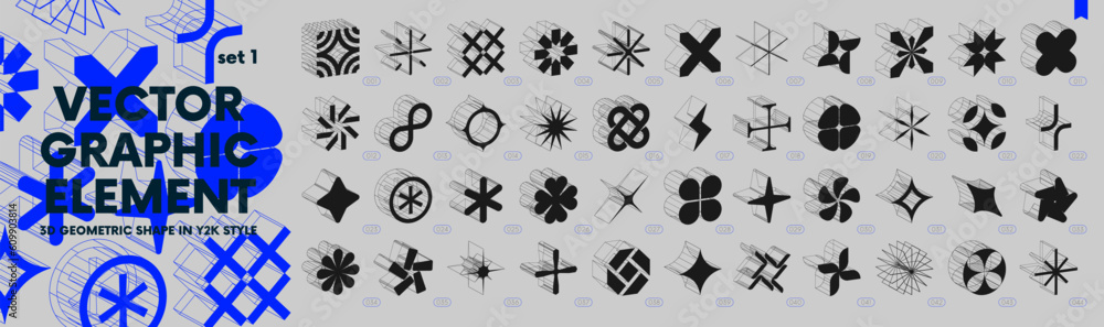 Poster Collection of strange wireframes 3d geometric shapes, Vector abstract graphic elements in y2k style for design, set of different linear form inspired by brutalism, graphic design elements, set 1