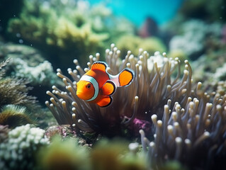 The clown fish on the aquarium with plants and stones
