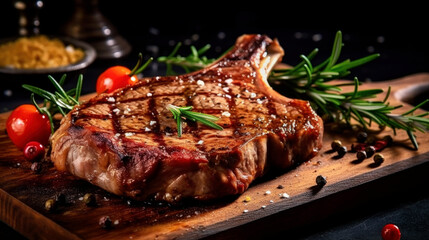 Presentation of ribeye beef steak grilled on slate plate. Juicy Freshly grilled Ox rib.  Generative Ai