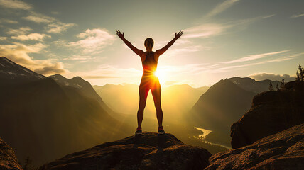 Fototapeta premium strong motivated woman celebrating workout goals towards the sun. Generative Ai