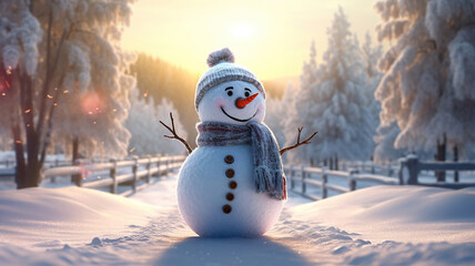 Fototapeta premium Happy snowman standing in winter christmas landscape. Generative Ai