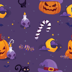 Seamless halloween purple repeating pattern with pumpkin, skull, candle