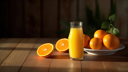 Naklejka premium Glass of orange juice on a wooden table with bottle and orange sections. Generative Ai