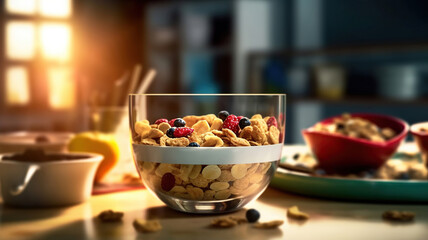 cereal in bowl on a table in the morning breakfast. Generative Ai