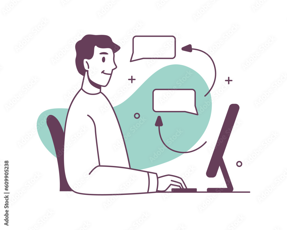 Poster Customer service call center worker with laptop exchanging blank messages, thin line. Vector illustration of support call center member, operator agent character, helpline assistant representative