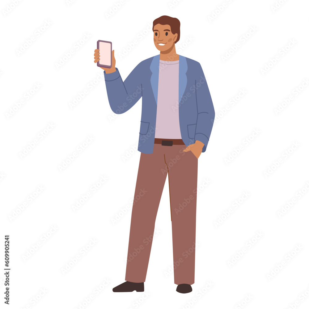 Poster vector male hold smartphone in hand, presentation information in mobile application. young man show 