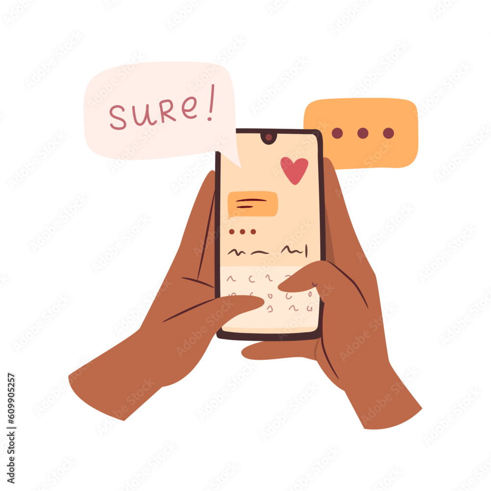 Poster Hand writing love message on smartphone, chatting. Online chat messages text notification on mobile phone vector illustration of application for chats. Sms speech bubbles push alerts on screen
