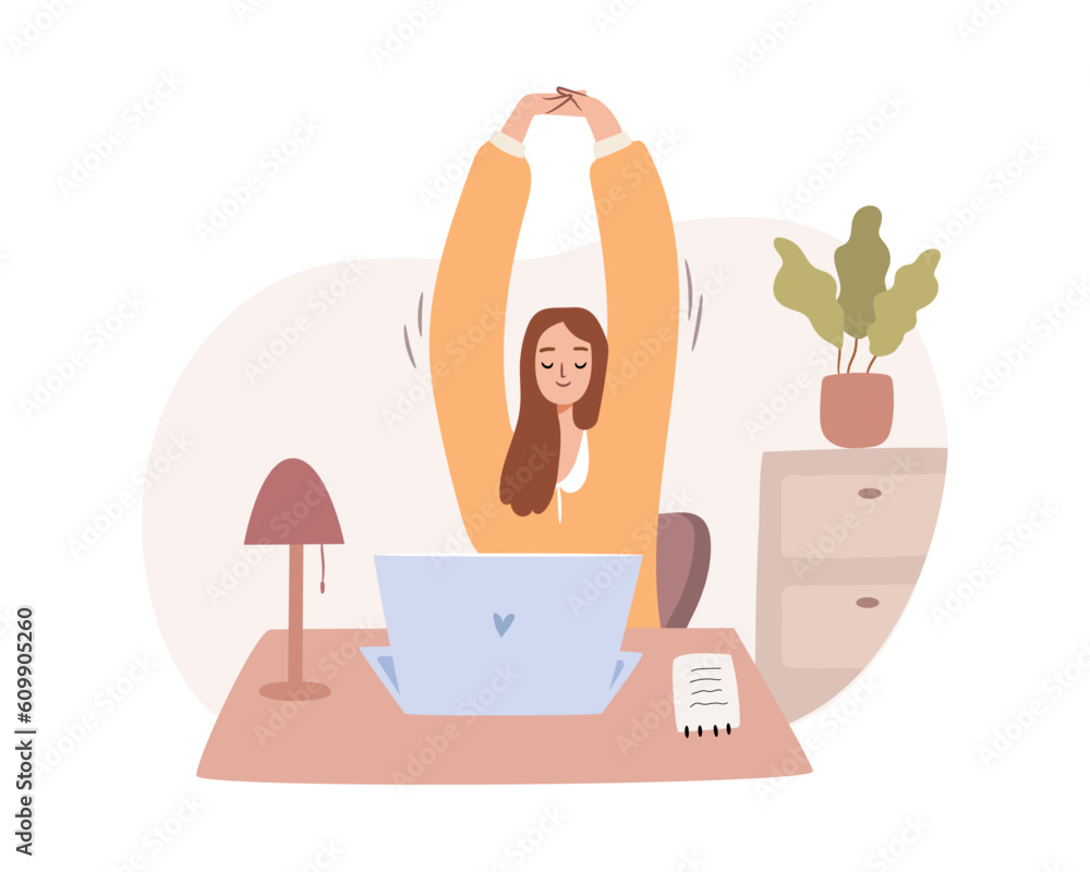 Aufkleber woman stretching at workplace in office at desk. employee working from home or office and stretch si