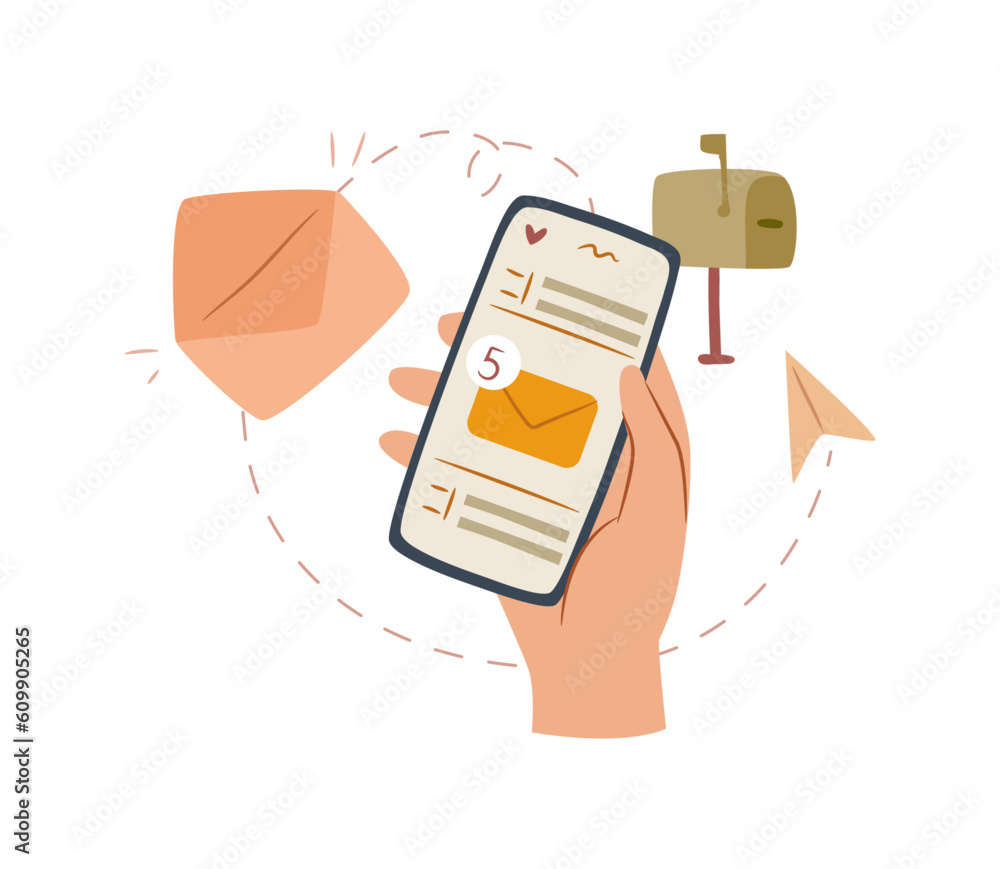 Aufkleber Online chat messages text notification on mobile phone vector hand with smartphone and application for chats. Sms speech bubbles push alerts on screen, digital or electronic chatting on cellphone