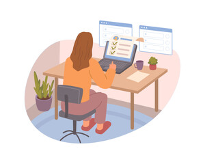 Human resource manager hiring looking at candidates resume flat cartoon vector illustration. Job interview, recruitment agent woman looking at CV of potential workers at computer, hiring agency