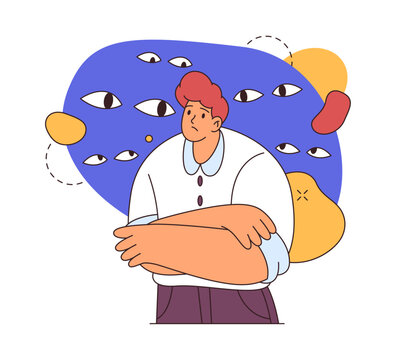 Man suffering from panic attack, nightmare anxiety, flat cartoon vector illustration. Concept of fear of ghosts. Depressed man unhappy person scared of grim reaper