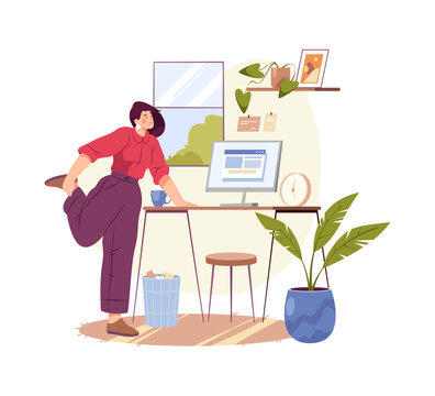 Flat cartoon woman stretch at workplace at home near computer table. Vector employee manager stretching at work, businesswoman has rest and doing stretching exercises, fitness and yoga