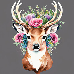 Watercolor, A beautiful deer head vector logo with hand drawn superimposed flowers. 