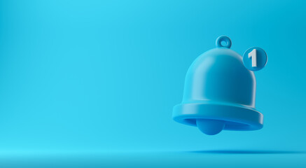 Notification with bell icon on a blue background copy space. 3d rendering. Alarm clock, reminder, mobile phone concept.
