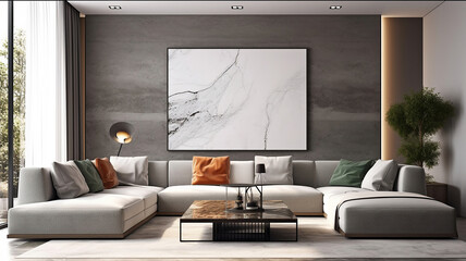 The Stylish Spacious Luxury Interior Design of Living Room with Design Gray Sofa, Coffee Table, Decoration, Pillows in Modern Home Decor. Modern Living Room. Generative Ai