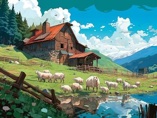 Farm Scenery Painting Illustration AI Generated