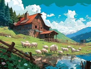 Zelfklevend Fotobehang Farm Scenery Painting Illustration AI Generated © vectorystock