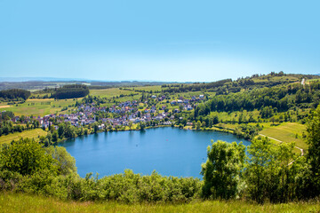 sccenic Eifel Maar at schalkenmehren, an old volcano caldera filled with water
