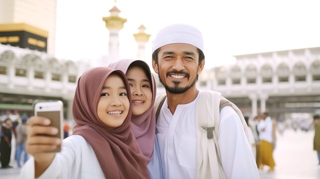 A Muslim family taking selfie with camera showing view of kaaba in Mecca and bustling Muslim people, Generative AI