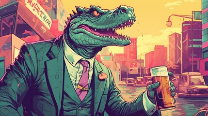 Obraz premium Drawing of a crocodile in a business suit drinking from a glass Generative AI