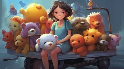 Obraz na płótnie Canvas Drawing Girl Sitting With Toy Bears Generative AI