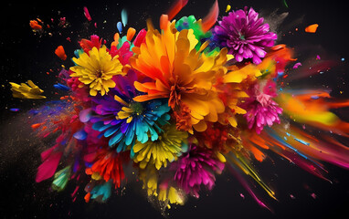Abstract colorful explosion with flowers on black background. Generative AI technology.