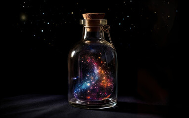 Colorful galaxy inside of the bottle in the black background. Generative AI.