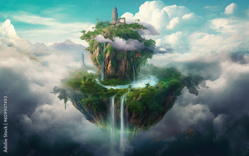 Wall mural floating island landscape with clouds. generative ai.