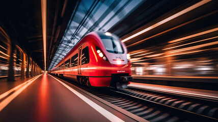 Fototapeta na wymiar High speed train in motion on the railway station. Generative Ai