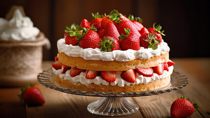 delicious strawberry cake with cream on wooden table. Generative Ai