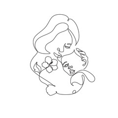 One line drawing woman and baby minimal logo. Line art mother and child vector illustration. Happy Mother day card.