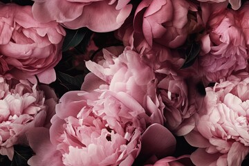 Beautiful pink peony flowers as a background, top view. Seamless pattern. Generative AI.
