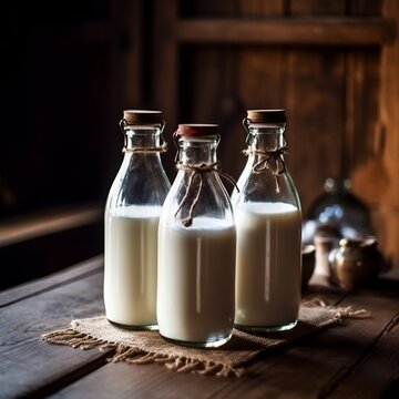 Three Glass Bottles with Wooden Caps of Milk on a Wooden Surface. Generative AI