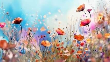 Obraz na płótnie Canvas multicolored wildflowers watercolor field drawing summer. generative ai
