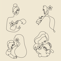 One line drawing woman and baby minimal logo. Line art mother and child vector illustration. Happy Mother day card.