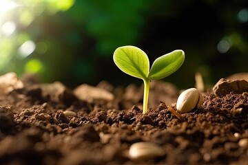 The seed of beans is growing in the soil nature. Savings and Investment concept. Generative AI