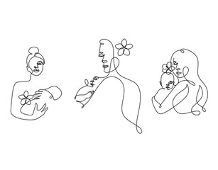 One line drawing woman and baby minimal logo. Line art mother and child vector illustration. Happy Mother day card.