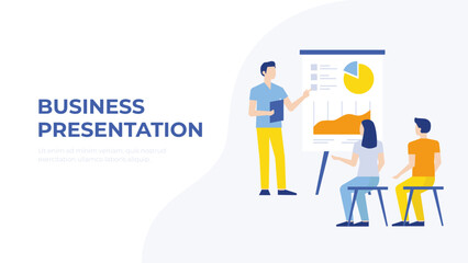 Business presentation, introduces infographics and data, data analysis, conference, corporate meeting and discussion. Modern vector style. 
