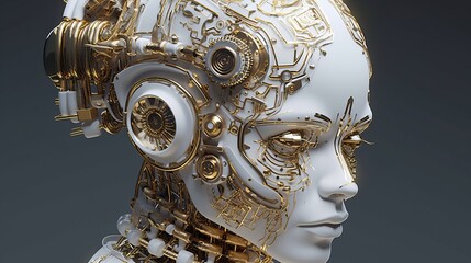 3D face of a bionic robot with golden patterns of mechanisms Generative AI