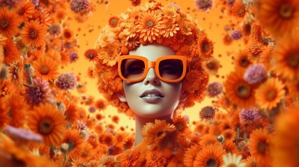 3D woman face wearing sunglasses in flowers Generative AI