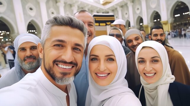 A Muslim family taking selfie with camera showing view of kaaba in Mecca and bustling Muslim people, Generative AI