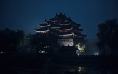 Obraz premium View of the castle at night. Generative AI.