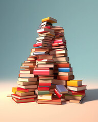 A stack of different books by size and color on a blue background.